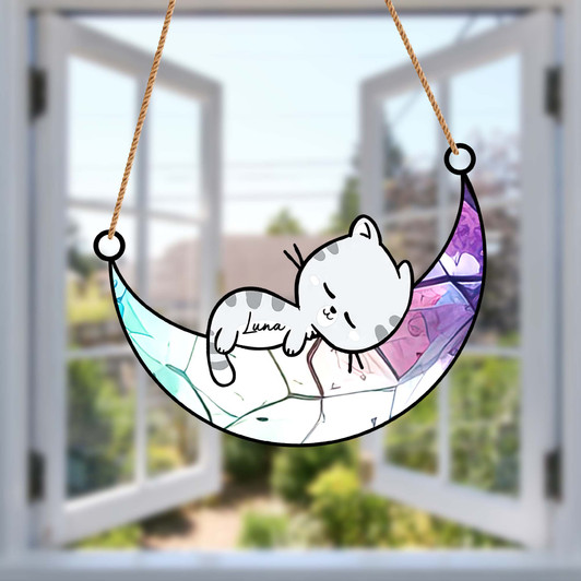 Customized Cat Lovers Acrylic Suncatcher Ornament Cat Sleep on the Moon