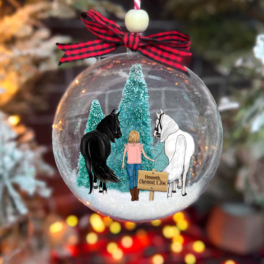 Personalized Little Girl with Horses in Snow Ball Acrylic Christmas Ornament