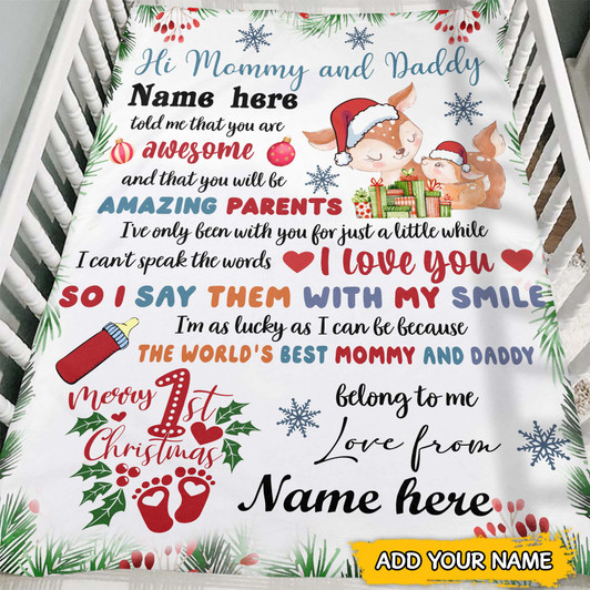 Personalized Baby First Christmas with Cute Reindeer Fleece Blanket Personalized Baby First Christmas with Cute Reindeer Fleece Blanket