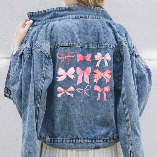Pink Bows Coquette Denim Jean Jacket Wife Mom Gift Pink Bows Coquette Denim Jean Jacket Wife Mom Gift