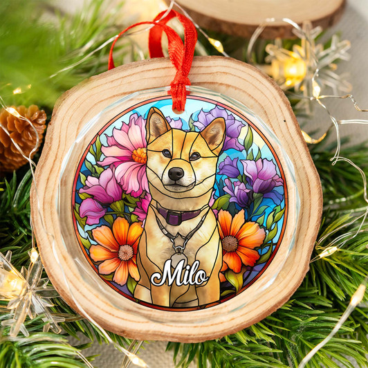 Personalized Pet Portrait Flowers Glass Ornament Gift for Dog Lover Personalized Pet Portrait Flowers Glass Ornament Gift for Dog Lover