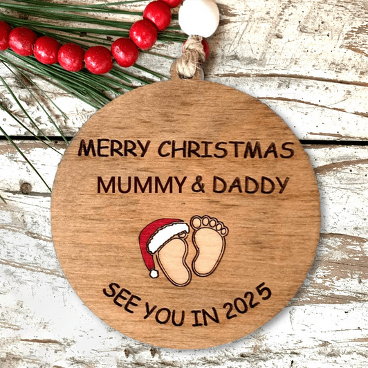 Personalized Merry Christmas Mommy and Daddy See You in 2025 Wooden Ornament