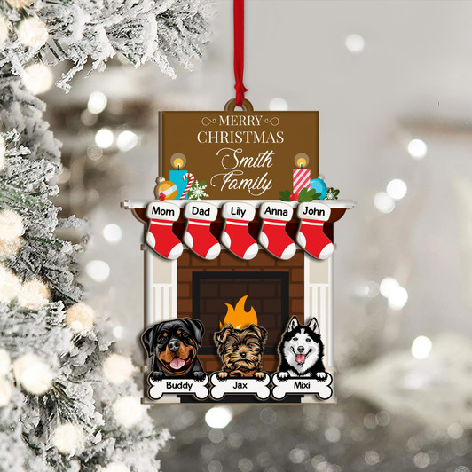 Personalized Family Christmas with Dog Fireplace Wooden Ornament Personalized Family Christmas with Dog Fireplace Wooden Ornament