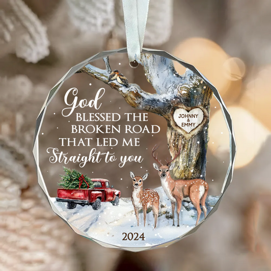 Personalized God Blessed The Broken Road Reindeer Couple Glass Ornament