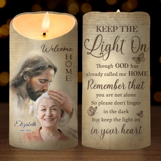 Personalized Memorial Candle Led Custom Photo God Welcome Home Keep The Light On