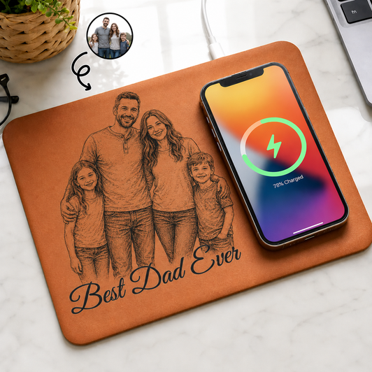 Custom Photo Pencil Sketch Best Dad Ever Leather Charging Mat