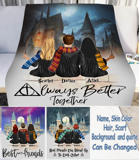 Personalized Wizard Blanket Gift For 3 Friends/Siblings