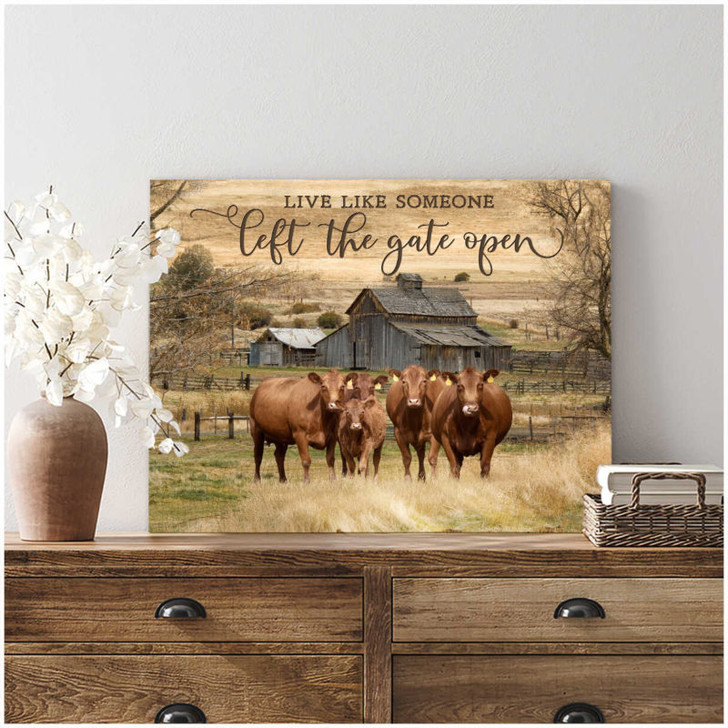 Moosfy Canvas - Great Gift for CowsLovers | Live Like Someone Left The Gate Open Red Angus Cows Canvas