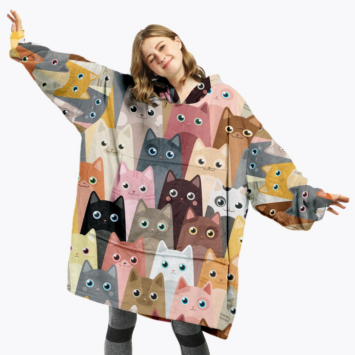 Colorful Cat Oversized Blanket Hoodie, Gift For Cat Lover