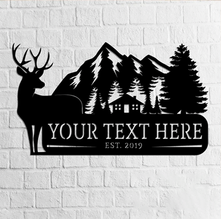 Custom Deer Metal Sign Cabin Mountains, Personalized Deer Metal Sign