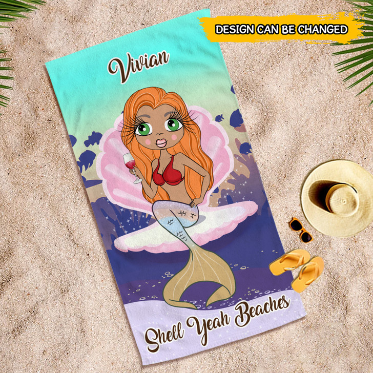 Personalized Mermaid Beach Towel Mermaid On A Shell ClaireaBella Girl Pool Towel