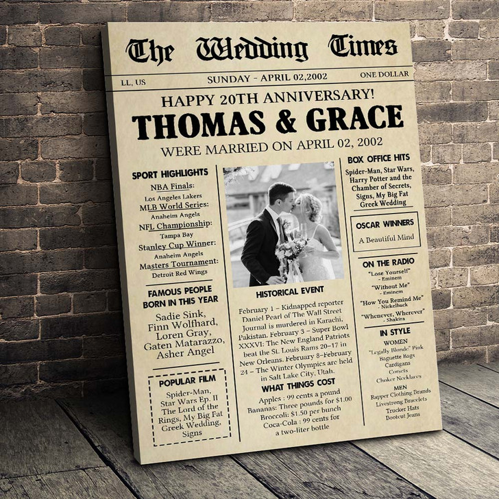 Personalized 20th Wedding Anniversary Gift, The Wedding Times Magazine Canvas