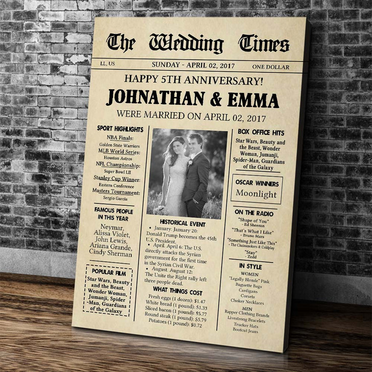 Personalized 5th Wedding Anniversary Gift, The Wedding Times Magazine Canvas