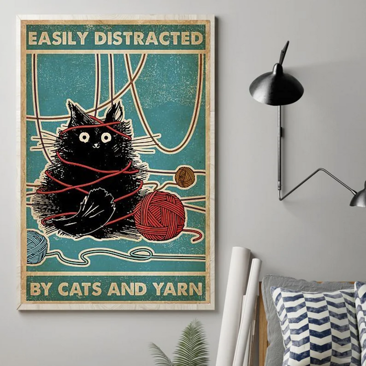 Easily Distracted By Cats And Yarn Poster, Knitting Crocheting Poster, Cat Lover Gift