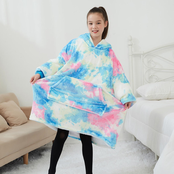 Best Gift for Daughter or Son, Tie Dyed Cyan Oversized Soft Warm Hoodie Blanket
