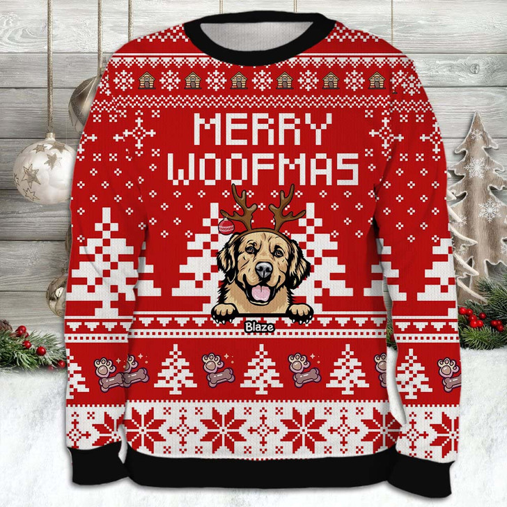 Customized Christmas Gift For Dog Lovers Merry Woofmas Pattern Knitted Sweater