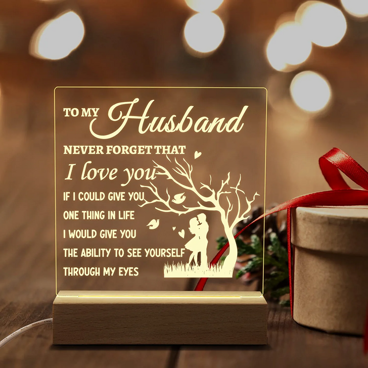 To My Husband Never Forget That I Love You Led Light Wooden Base, Sentimental Gift For Husband From Wife