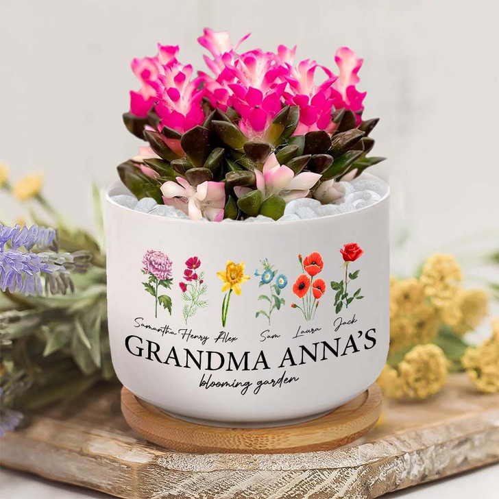 Personalized Gift For Nana Grandma Blooming Garden Custom Birth Month Mini Plant Pot