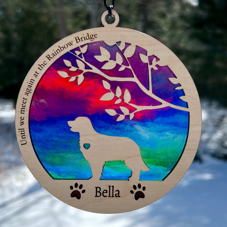 Dog Suncatcher, Personalized Dog Loss Memorial Gift Rainbow Bridge Sunset 2 Layered Ornament