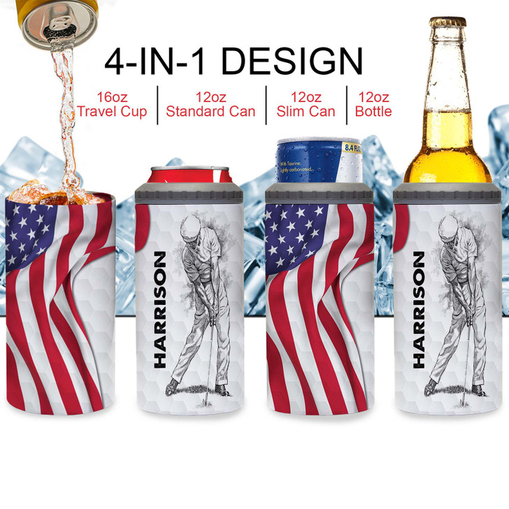 Personalized Stainless Steel Golf Can Cooler 4-in-1 , Custom Drinkware Gift For Him