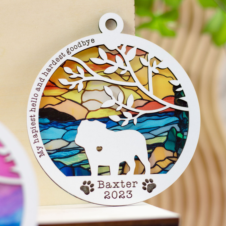 Dog Memorial Suncatcher Ornament, Personalized with dog breed, name and date, Available in all breeds, Beach Ocean Sunrise