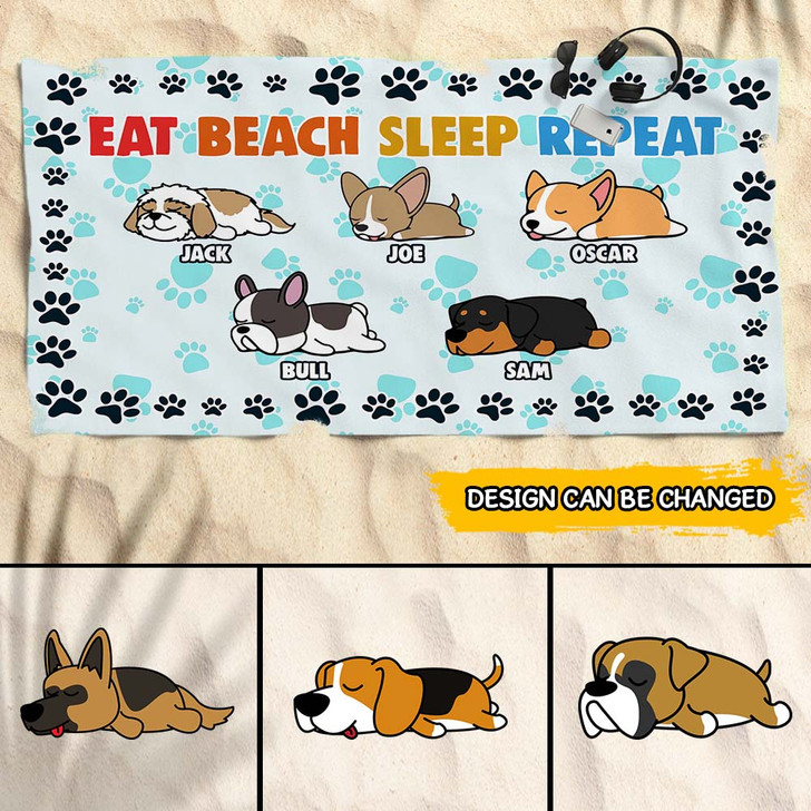 Personalized Gift For Dog Lovers Eat Beach Sleep Repeat Beach Towel