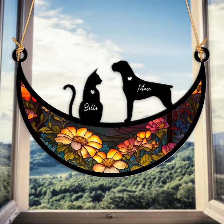Personalized Moon Shape Suncatcher Ornament Custom Dog And Cat Pet Lovers Gift