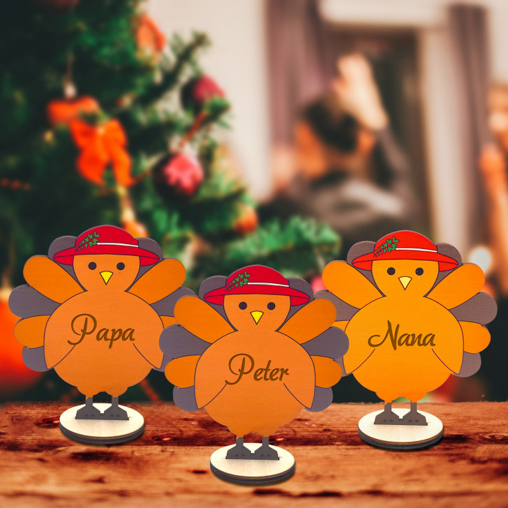 Personalized Christmas Wooden Turkey Freestanding Table Decor, Family Engraving Figure