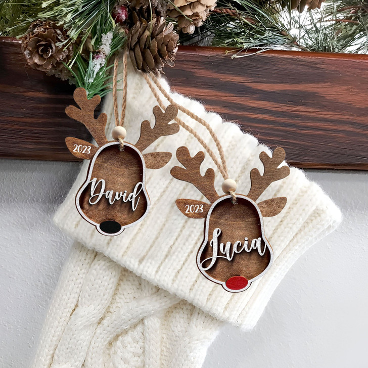 Personalized 2 Layer Pawprint and Reindeer Wooden Christmas Ornament