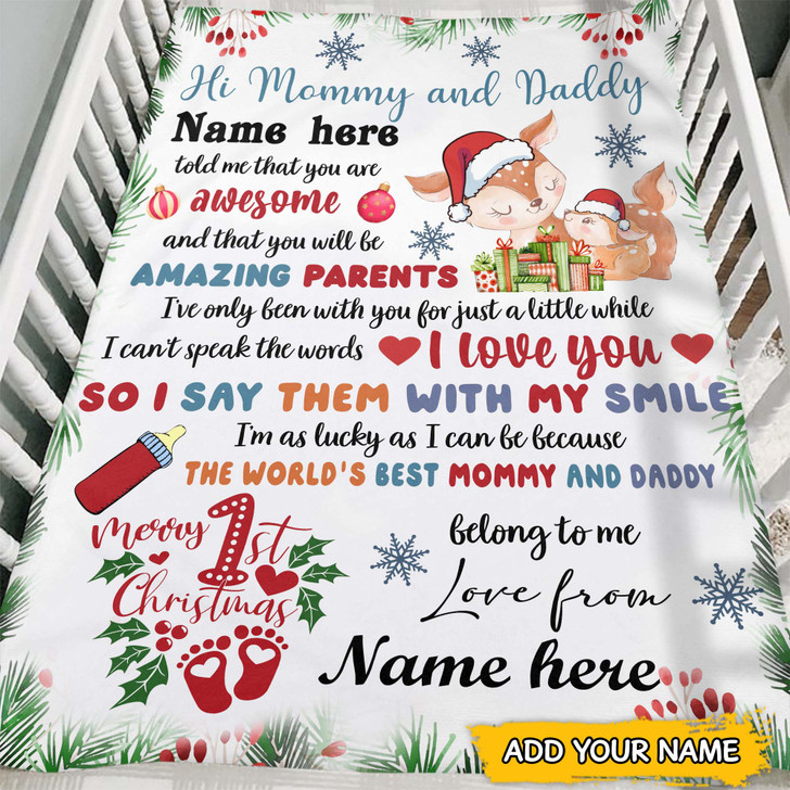 Personalized Baby First Christmas with Cute Reindeer Fleece Blanket