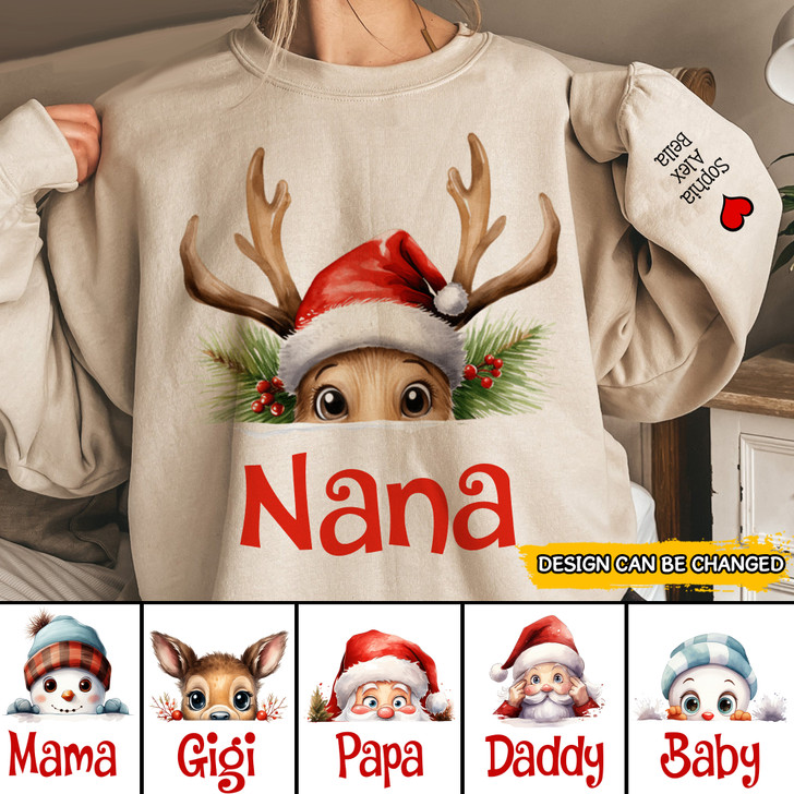 Personalized Gift For Grandma Cute Reindeer Printed Sleeve Christmas Shirt