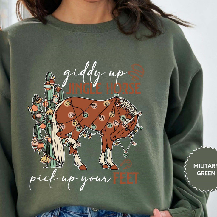Cowboy Christmas Sweatshirt, Giddy Up Jingle Horse Pick Up Your Feet