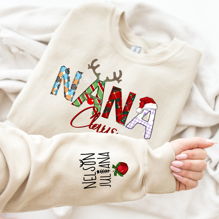 Personalize Christmas Nana Claus Printed Sleeve Sweatshirt and Hoodie