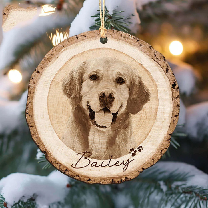 Personalized Hand Draw Pet Face with Small Pawprint Wooden Ornament