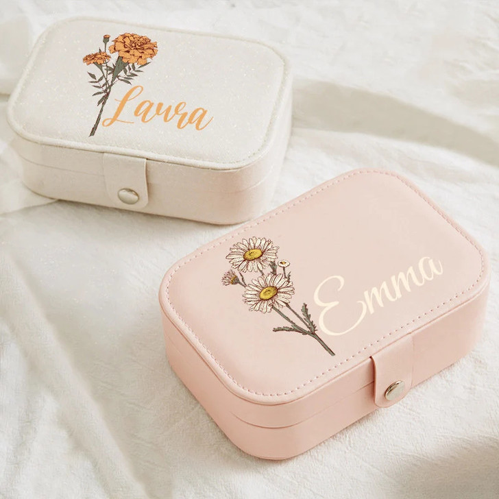 Personalized Birth Flower Jewelry Box, Floral Jewelry Case