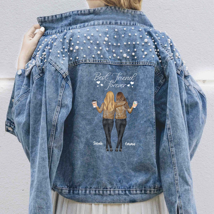 Personalized Bestie Jeans Denim Jacket Leopard Sisters Gift