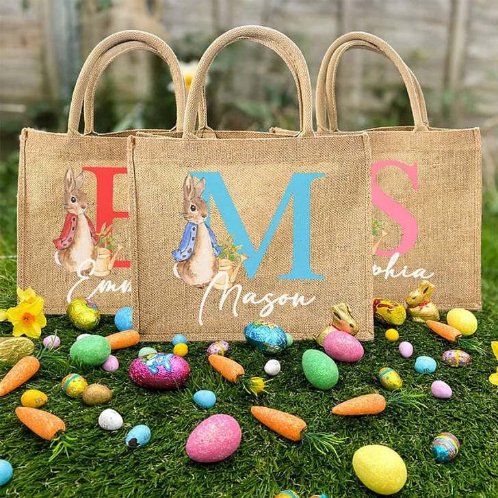 Personalized Easter Eggs Basket with Petter Rabbit Jute Tote Bag Custom Name