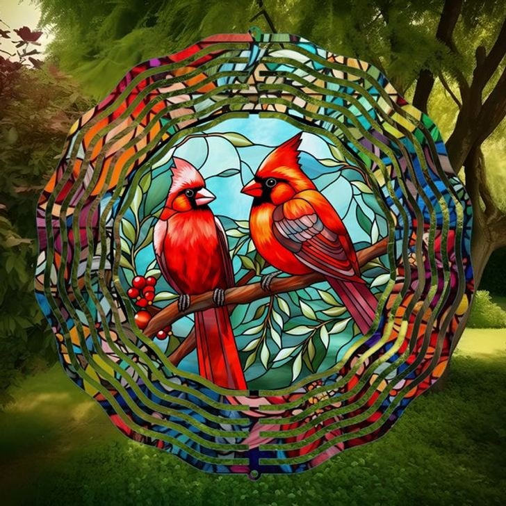 Couple Cardinal Stained Glass Wind Spinner Home Decor