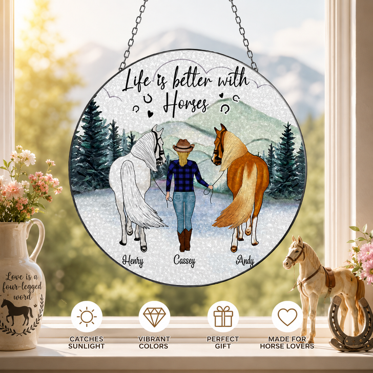 Personalized Girl with Horses Stained Glass Suncatcher Home Decor