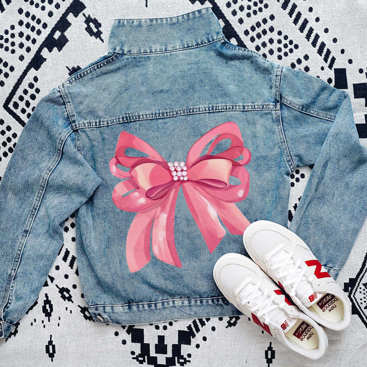 Gift for Women Coquette Denim Jean Jacket Big Pink Bow