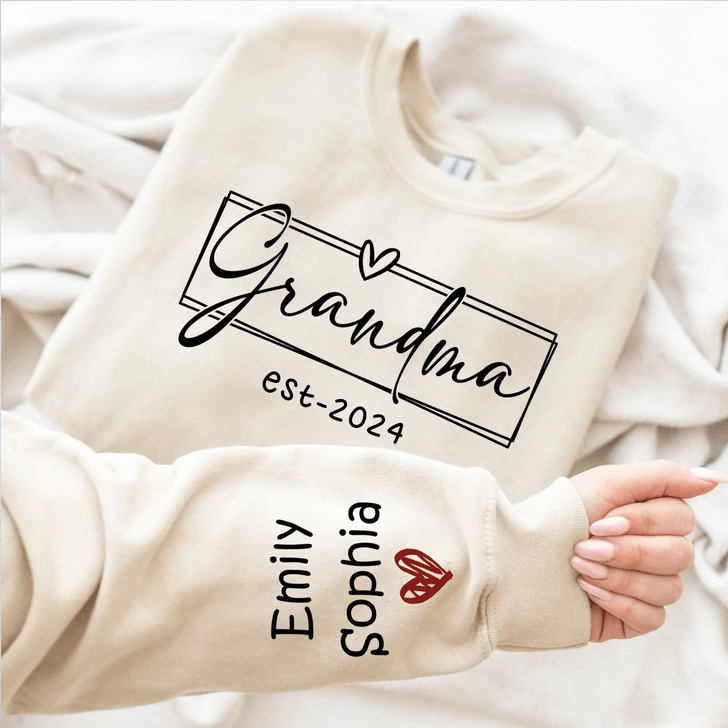 Personalized Grandma Est.2024 Sleeve Printed Grandkids Sweatshirt