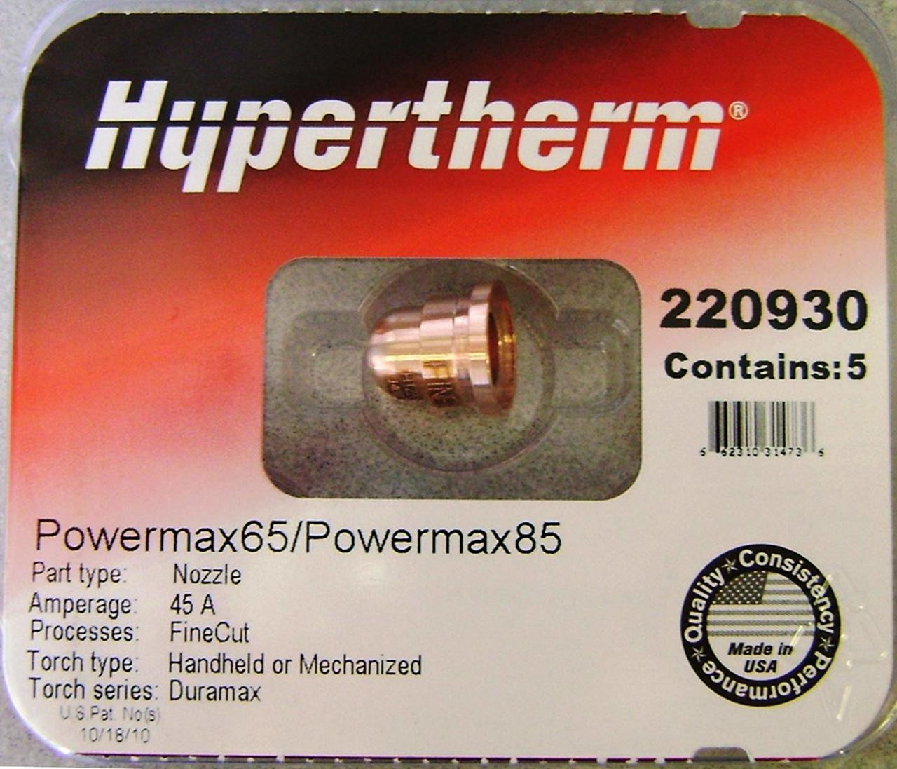 Hypertherm® Model 220930 45 Amp FineCut™ Nozzle For Powermax65/85/105  Plasma Torch (5PK)