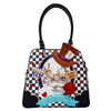 Always Time For Tea Bag- Large black handbag with long top handle in black and white checkerboard pattern.