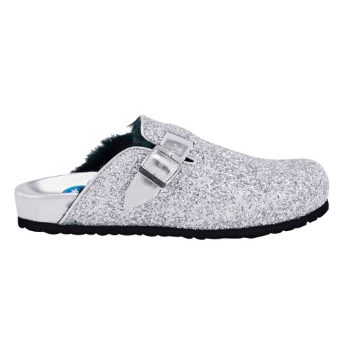 Silver coated slip on flat clog