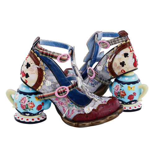 A Mad Tea Party- Multi coloured t bar shoes with teapot concept heels.