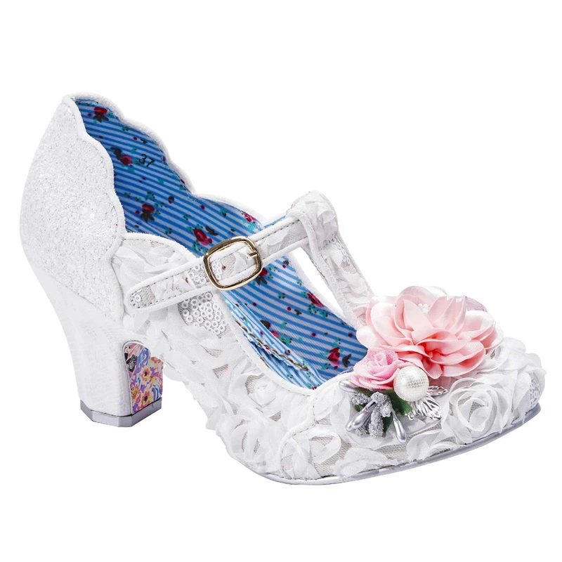 Carriage Ride- White bridal T bar mid heeled shoes