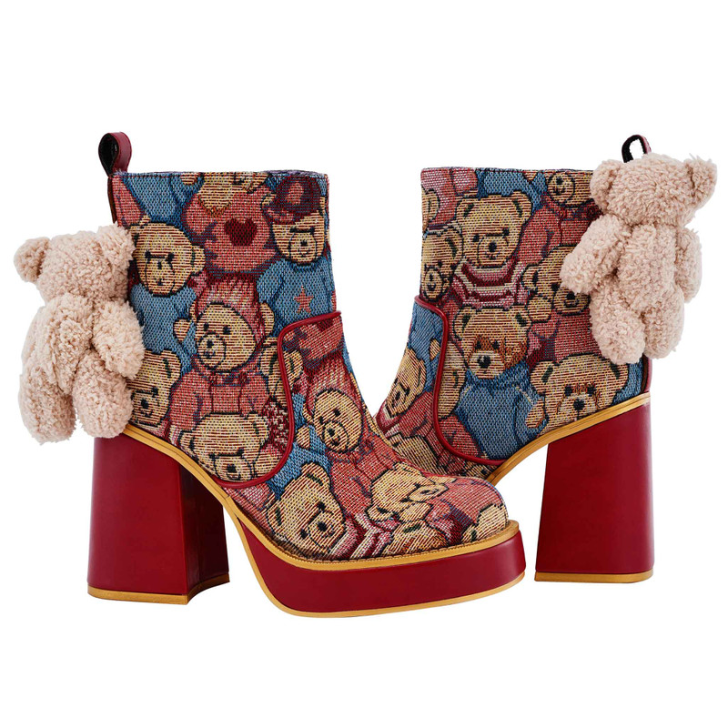 Hanging Around- Teddybear tapestry high heeled ankle boots