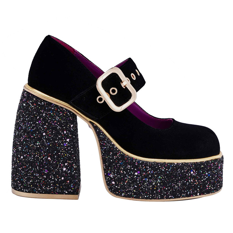 Disco Darling- Black chunky 70s disco high heel mary jane shoes with glitter heel