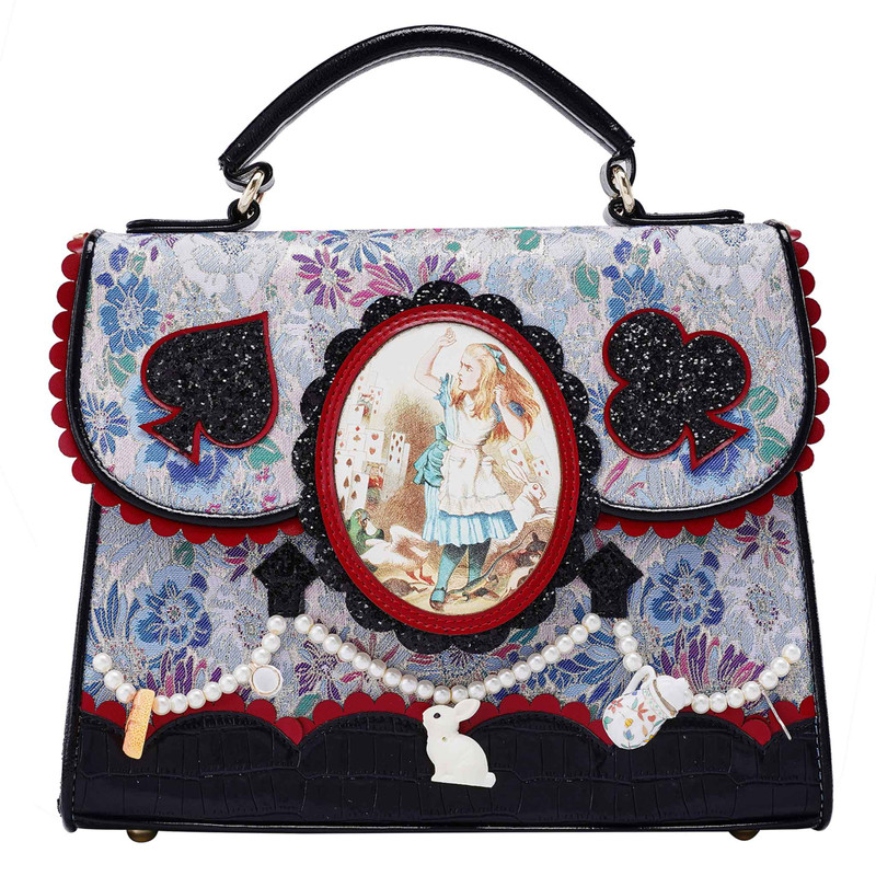 A Curious Dream bag- Black and blue brocade fabric handbag.