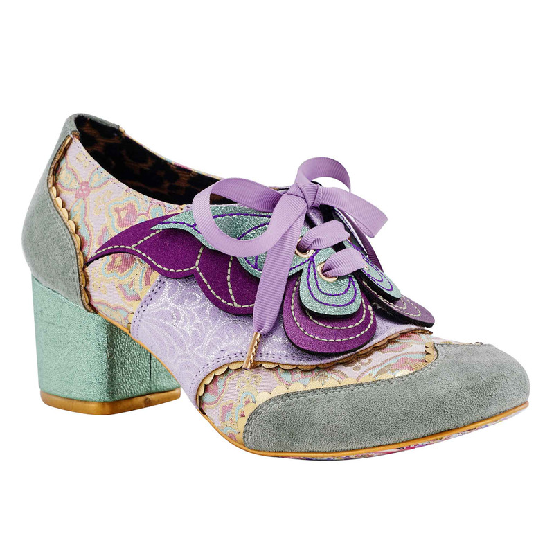 Fritillary- Purple and green lace up block heeled brogues.